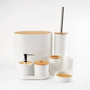 طقم حمام 8 قطع بلاستيك محزز عرضي سل قمامة عريض مع غطاء خشب بامبو Sanitary ابيض / اسود / سكني