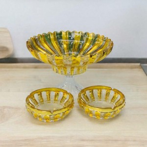 طقم تقديم فواكه / كيك 3 قطع جاط فواكه برجل مدور + 2 متكة - متكان زجاج مجدول مشرف مذهب