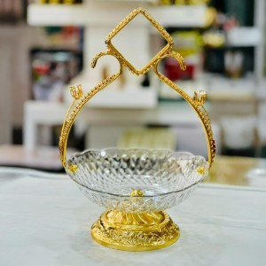 مضيفة معمول / صحن فواكه / مجففات / كاندي صحن اكريليك مدور مع قاعدة و حمالة ذهبي معين في الاعلى وسترص على الحمالة