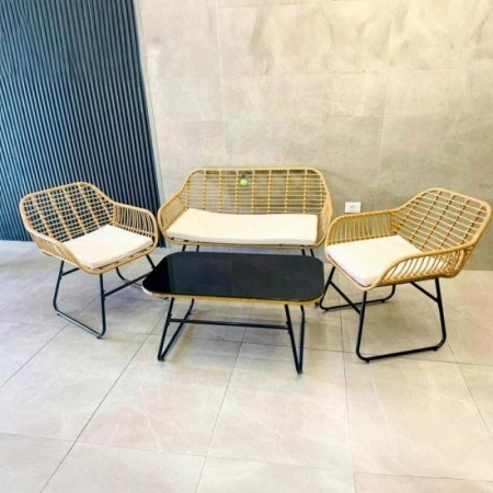 طقم كنب شاي بوص مع ارجل حديد 4 مقاعد 2 مفرد 1 مجوز مع طاولة مستطيل بيج