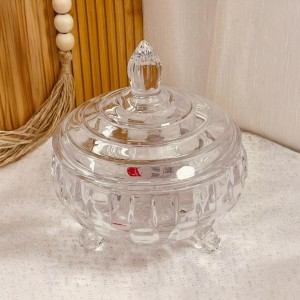 سكرية / مضيفة / تمرية علبة تقديم كاندي زجاج شفاف محزز بأرجل مزخرف مع غطاء 