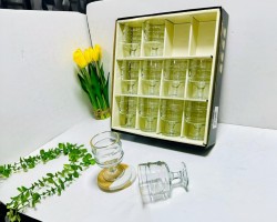 طقم كاسات عصير قصير مع بطن منفوخ دبل حز ذهبي 12 قطعة 