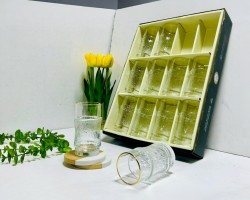 طقم كاسات عصير وسط مع بطن منفوخ دبل بينهما مثلج حز ذهبي 12 قطعة 