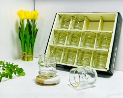 طقم كاسات عصير بطن نافر دبل وحيف ذهبي 12 قطعة