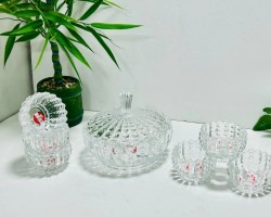 طقم صحون مكسرات / لبن / سلطية 7 قطع زجاج شفاف مجور منقط 1 كبير مع غطا + 6 صغير