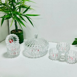 طقم صحون مكسرات / لبن / سلطية 7 قطع زجاج شفاف مجور منقط 1 كبير مع غطا + 6 صغير
