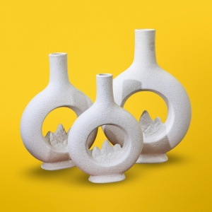 طقم تحف / فازات / مزهريات بوهيمي دونات مع جبال ابيض مدور باونتي عنق طويل عدد 3 قطع