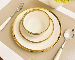طقم صحون 18 قطعة بورسلان ابيض حيف ذهبي