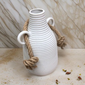 فازة بوهيمي ابيض مزهرية محزز حلقات شكل جرة مع حبل خيش