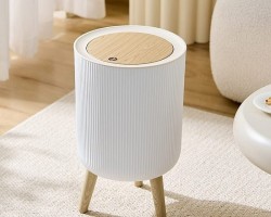 سلة مهملات غطا بامبو مع ارجل قواعد بلاستيك بيضاوي - مدور - مربع / دلو / سطل