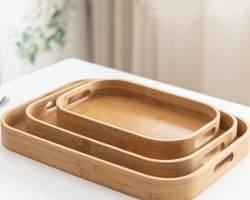 طقم صواني ضيافة - تقديم طعام خشب بامبو بيضاوي حيف عالي  3 قطع