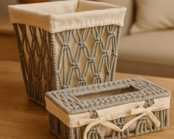 طقم سلة مهملات مربعة مع علبة محارم خيطان صنارة مجدول