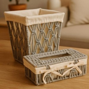 طقم سلة مهملات مربعة مع علبة محارم خيطان صنارة مجدول