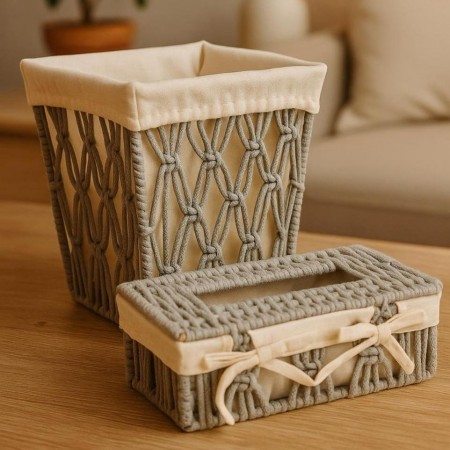 طقم سلة مهملات مربعة مع علبة محارم خيطان صنارة مجدول