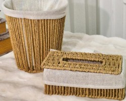 طقم سلة مهملات مدور مع علبة محارم خيطان صنارة مجدول