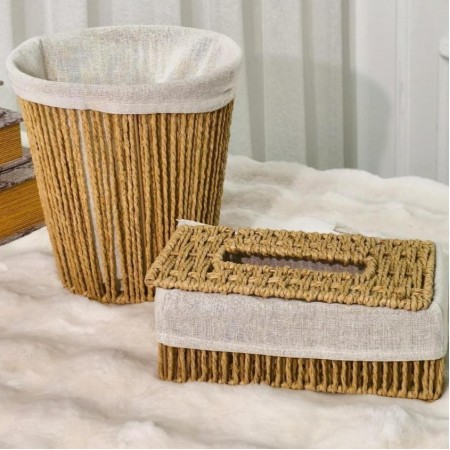 طقم سلة مهملات مدور مع علبة محارم خيطان صنارة مجدول