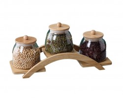 طقم مرتبان / كاندي زجاج 650 مل مع غطاء بامبو وستاند قوس - مرطبان بهارات