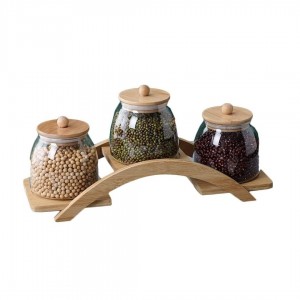 طقم مرتبان / كاندي زجاج 650 مل مع غطاء بامبو وستاند قوس - مرطبان بهارات