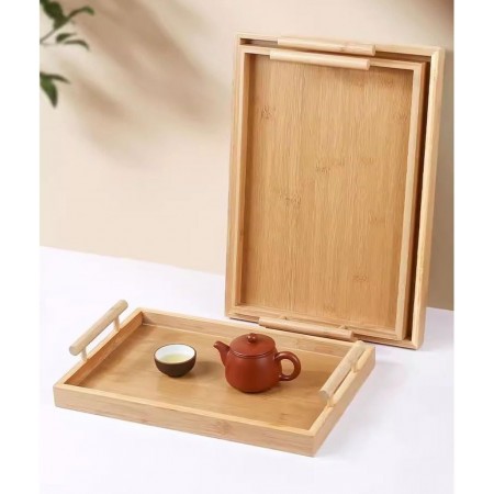 طقم صواني ضيافة خشب بامبو مستطيل مع يد خشب 3 قطع