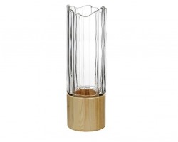 فازة / مزهرية وسط زجاج مموج من الاعلى مع قاعدة خشب بامبو 30 سم
