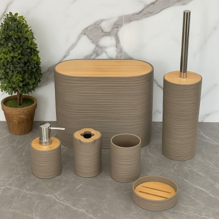 طقم حمام 8 قطع بلاستيك محزز عرضي سل قمامة عريض مع غطاء خشب بامبو