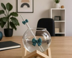  ماج ماغ زجاج / كاسة شفاف مدورة مع شفاطة ببيونة قاعدة خشب