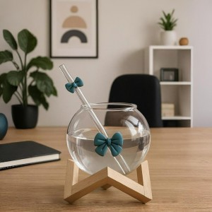  ماج ماغ زجاج / كاسة شفاف مدورة مع شفاطة ببيونة قاعدة خشب