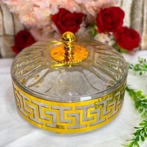 مضيفة مدور اكريليك حجم صغير اطار ذهبي مع غطاء شفاف خرزة ذهبية