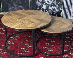طقم طاولتين وسط مدور خشب رجل معدن متداخل - خشبي زكزاك