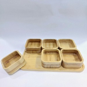 طقم تقديم طعام - كاندي - مكسرات صحون خشب مربعة 10 × 10 سم 6 قطع مع صينية من خشب البامبو 7 قطع