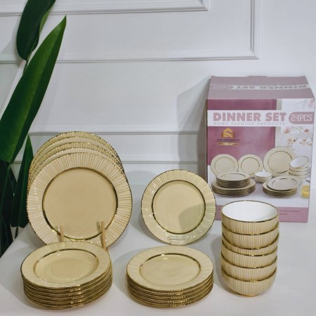 طقم صحون طعام بورسلان بيج Beige محزز حيف ذهبي 24 قطعة