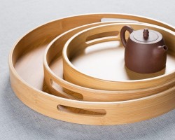 طقم صواني ضيافة - تقديم طعام خشب بامبو مدور حيف عالي 3 قطع