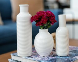 طقم بوهيمي مزهريات محزز 3 ق ح صغير جلة مدور / زير مطاول / قوار ورد طويل