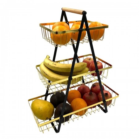 ستاند تفضيل - سلة فواكة معدن ذهبي ثلاثة طوابق مع اسود مقاس 40.5 * 20 * 49 سم