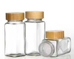 علب بهارات زجاج مع غطاء خشب بامبو