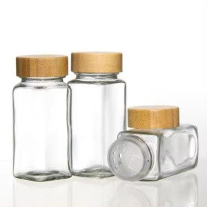 علب بهارات زجاج مع غطاء خشب بامبو