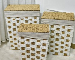 طقم سلال غسيل مستطيل قش مجدول قماش مع غطا 3 قطع لون ابيض