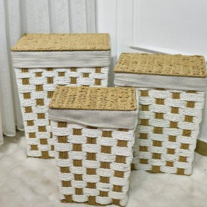 طقم سلال غسيل مستطيل قش مجدول قماش مع غطا 3 قطع لون ابيض طقم سلال غسيل مستطيل قش مجدول قماش مع غطا 3 قطع لون ابيض