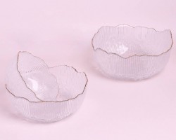 طقم 3 جاط صحون زجاج شفاف محزز حيف ذهبي