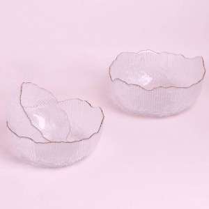 طقم 3 جاط صحون زجاج شفاف محزز حيف ذهبي