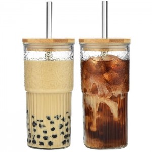 كاسة 500مل زجاج مثلج غطا خشب مع مصاصة