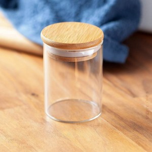 علبة تخزين - مرتبان مرطبان زجاج 13 سم فرادي مدور مع  غطا بامبو ضغط قطر 6 سم