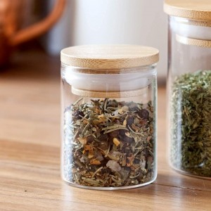 مرتبان مرطبان زجاج  8 سم صغير فرادي مدور مع  غطا بامبو ضغط قطر 6 سم