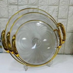 طقم صواني اكريليك ثقيل شكل مدور 3 قطع محزز حيف وايدي ذهبية 9-25