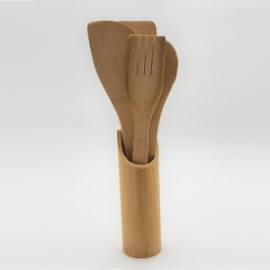 مغارف خشب اربع قطع مع ستاند كأس بامبو