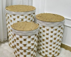 طقم سلال غسيل مدور قش مجدول قماش مع غطا 3 قطع لون ابيض