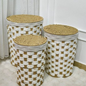 طقم سلال غسيل مدور قش مجدول قماش مع غطا 3 قطع لون ابيض طقم سلال غسيل مدور قش مجدول قماش مع غطا 3 قطع لون ابيض