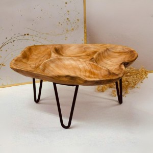 جاط تقديم مكسرات / فواكه برجل حديد اسود مقسم 4 أقسام خشب طبيعي مقاس 46 × 30 + 25