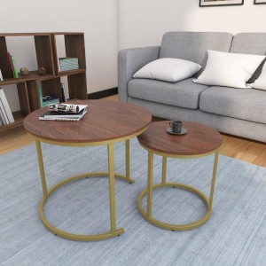 طاولة لون بني وسط حديد ذهبي قطعتين متداخل