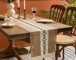 شرشف طاولة سفرة رنر / بيرو مقاس  30 × 180 سم شرشف طاولة سفرة خيش قش مطرز اطراف شراشيب